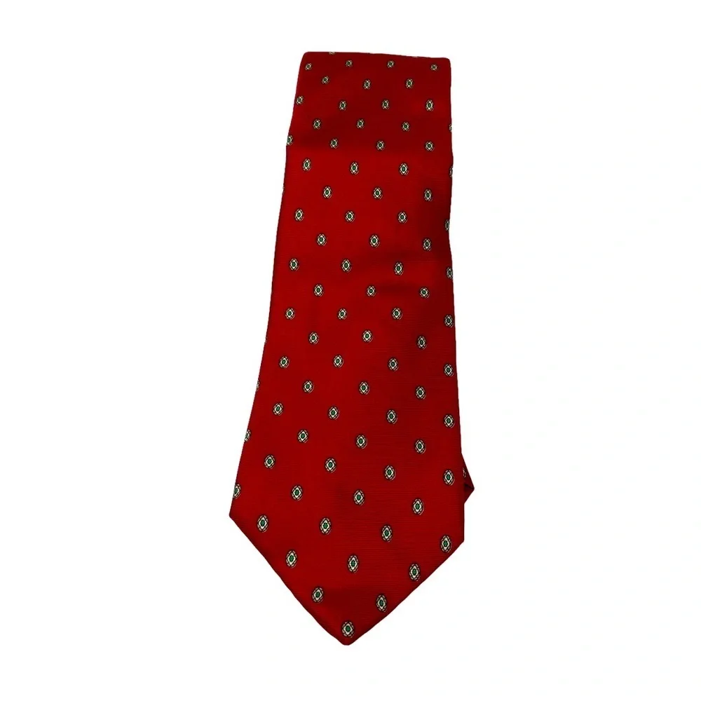 JW Robinson’s Necktie. Red with Green Polka Dots